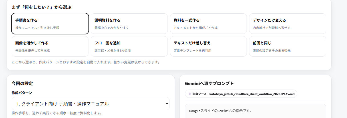SlideGemでスライド作成用の指示文を生成している実際の画面